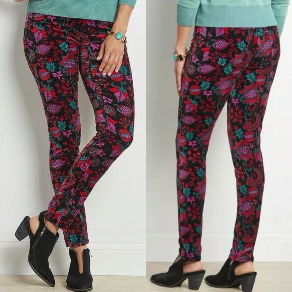 NWT Soft Surroundings Plum Perfect Velvet Skinny Pants Size 10 Floral Paisley